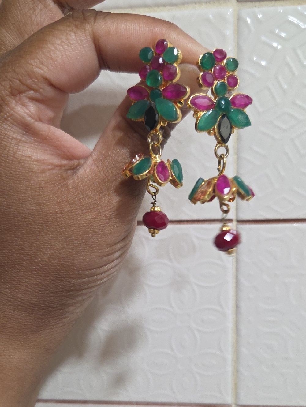 Floral Drop Earrings with Pink and Green Stones